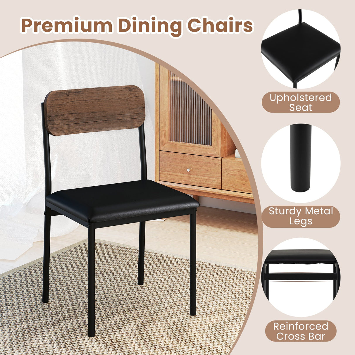Juego de mesa de cocina redondo de 5 piezas con tablero abatible y 4 sillas de comedor tapizadas - Marrón