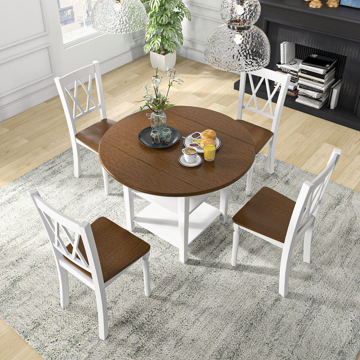 Juego de comedor redondo de 5 piezas con mesa de ala caída