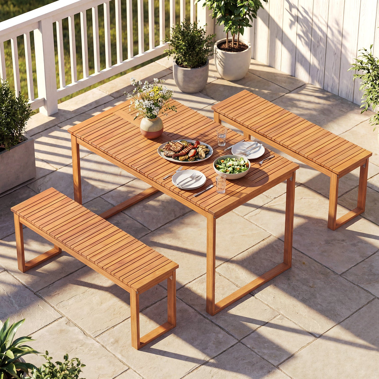 Mesa de comedor de madera de acacia para exteriores con tablero de listones para jardín