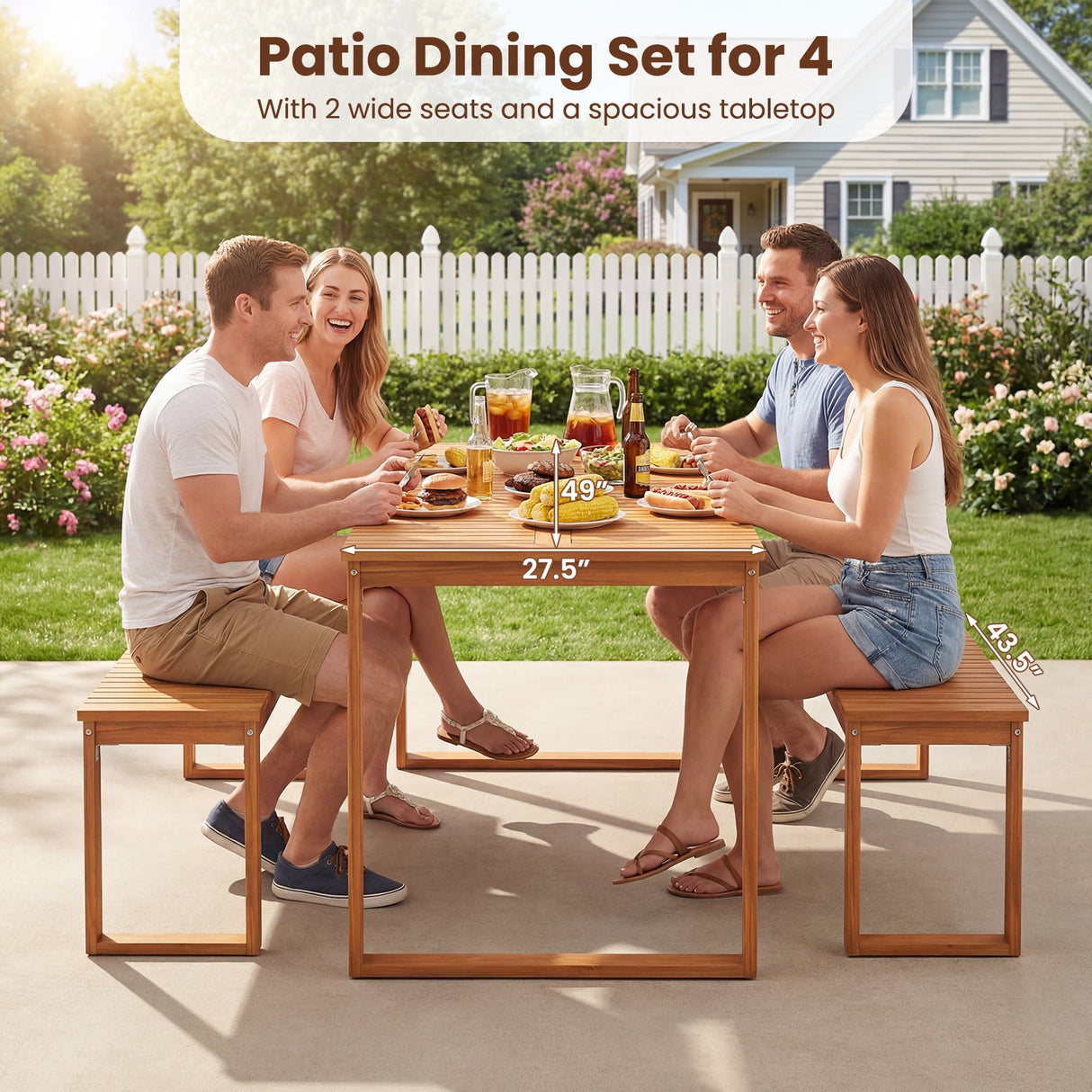 Mesa de comedor de madera de acacia para exteriores con tablero de listones para jardín