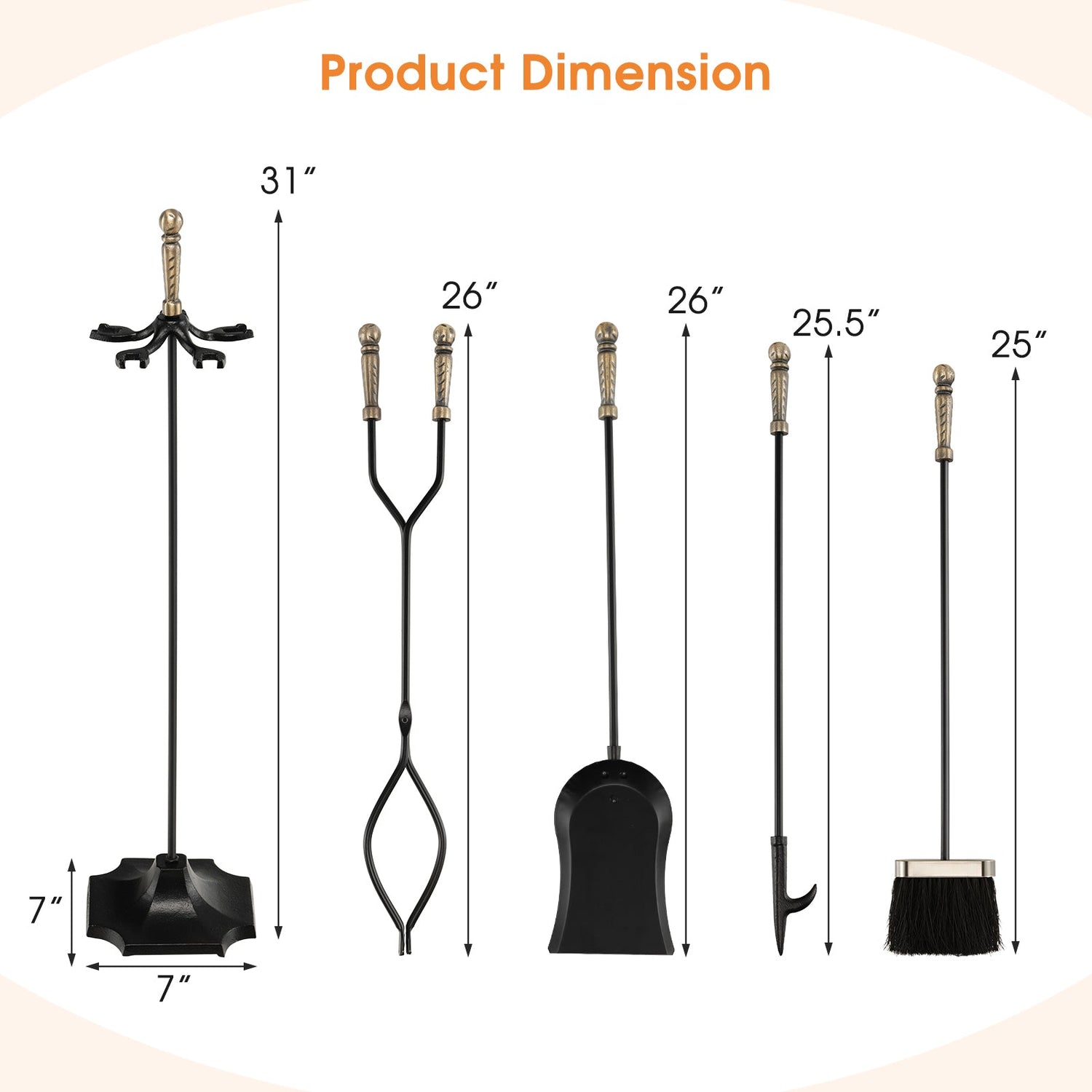31 Inch 5 Pieces Hearth Fireplace Fire Tools Set