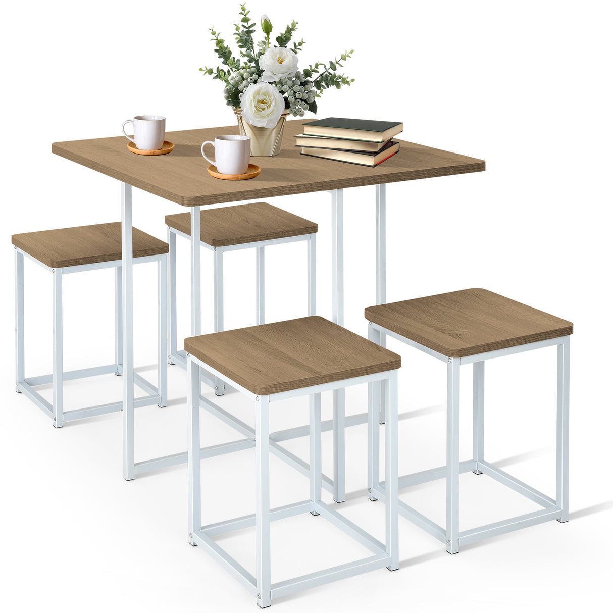 Juego de Comedor de 5 Piezas con Marco de Metal, Mesa de Comedor Compacta y 4 Taburetes