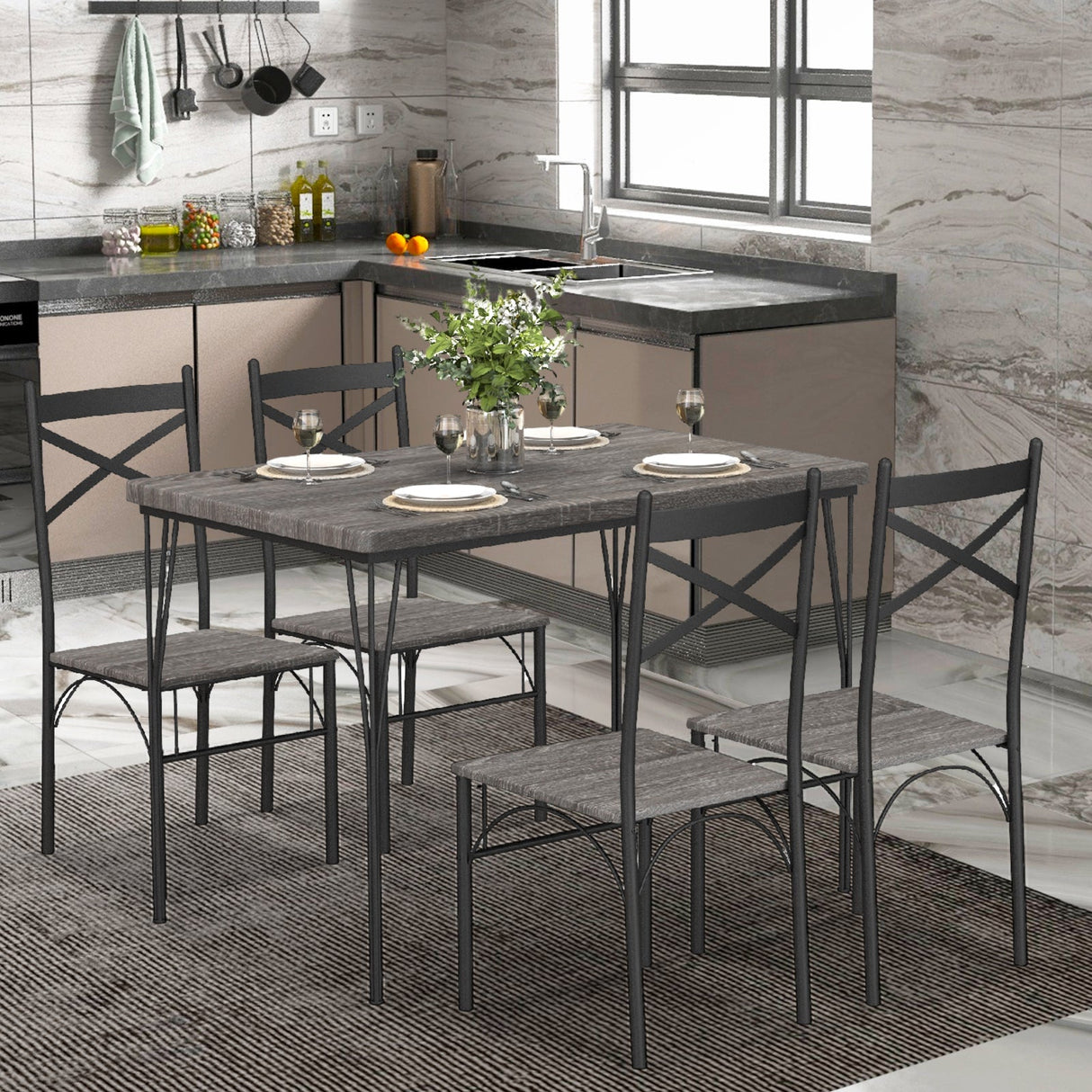 Juego de comedor de 5 piezas con estructura de metal para cocina y comedor - Gris