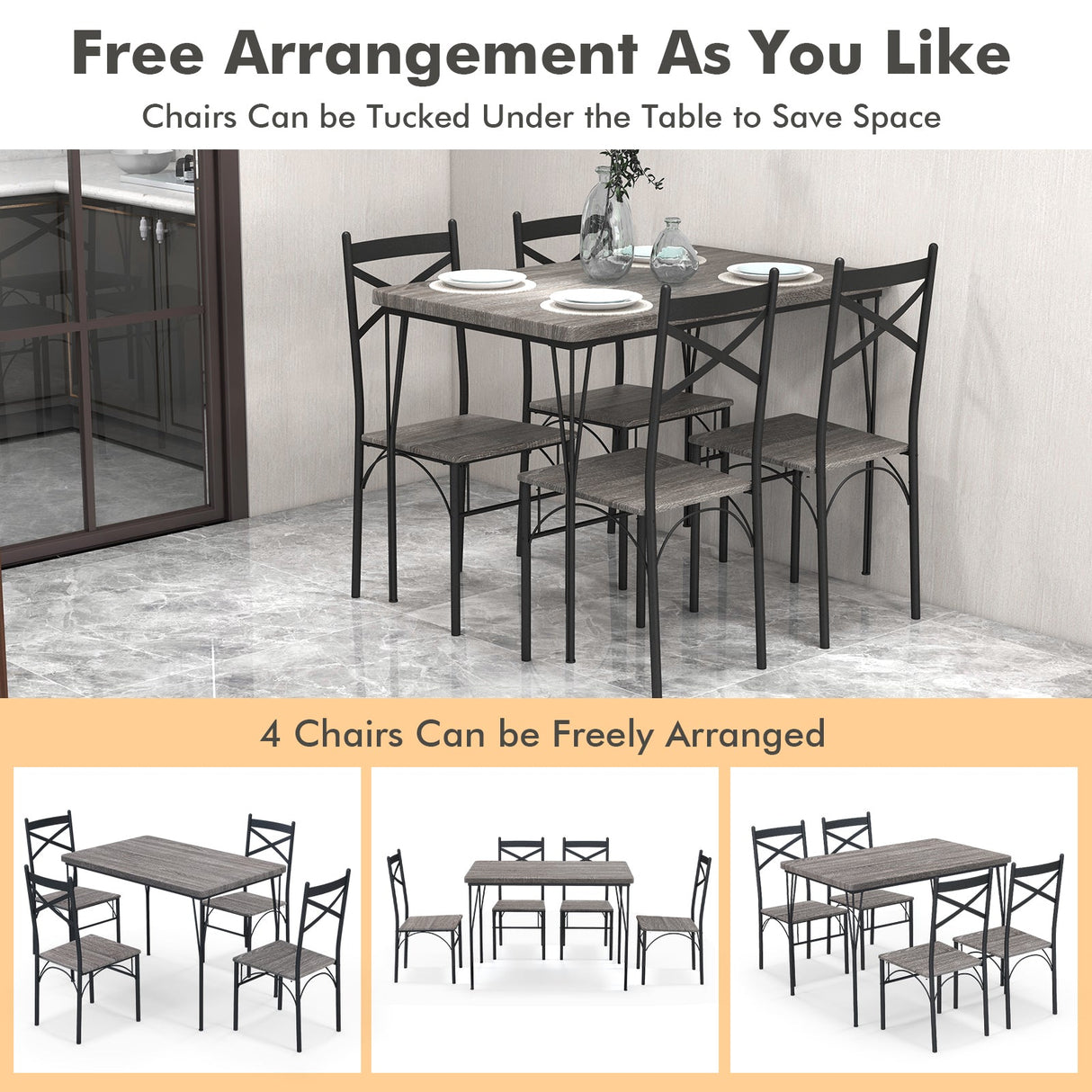 Juego de comedor de 5 piezas con estructura de metal para cocina y comedor - Gris