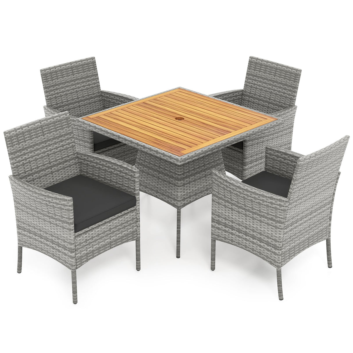 Juego de comedor de patio de mimbre PE de 5 piezas con mesa y sillas de madera de acacia para exteriores-Negro