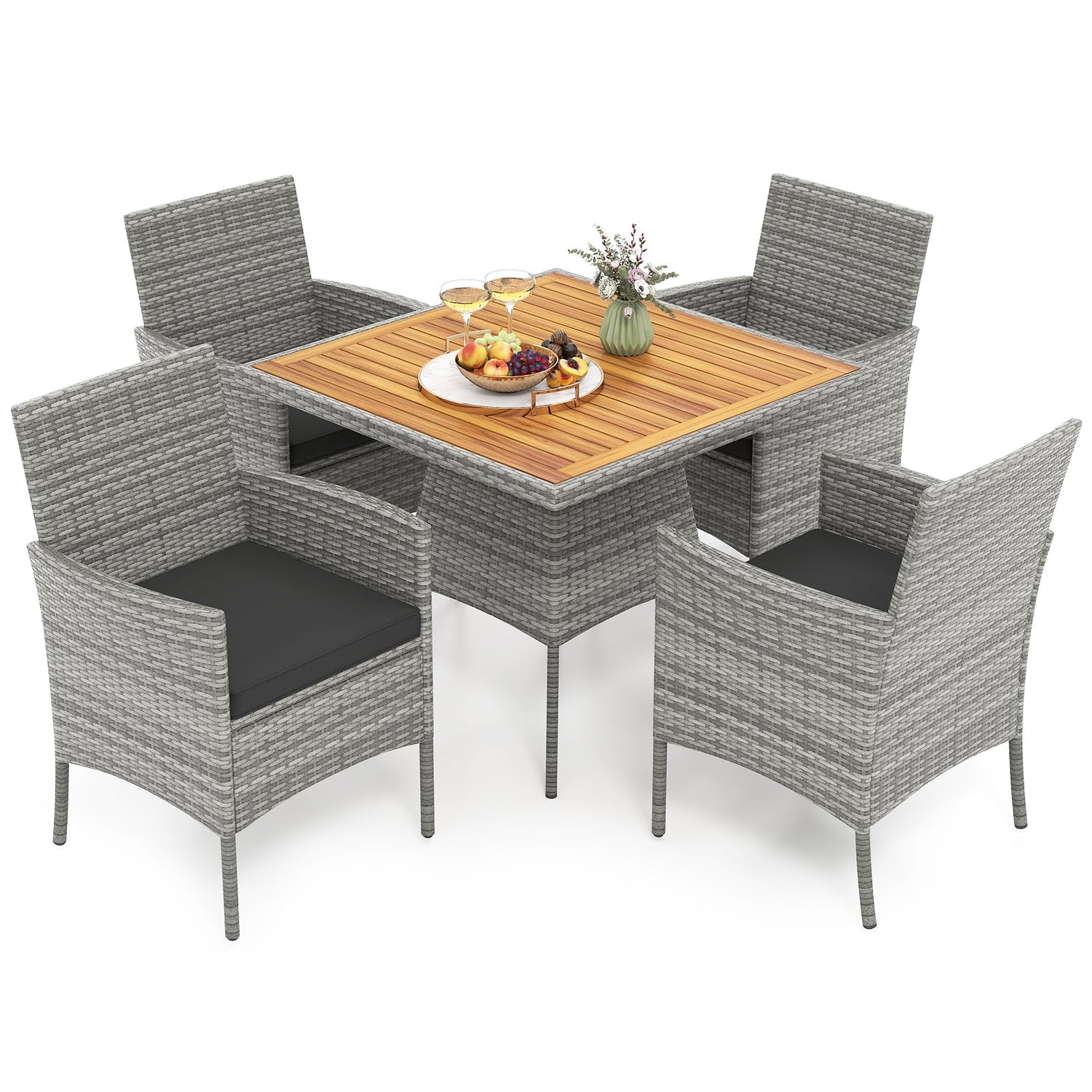 Juego de comedor de patio de mimbre PE de 5 piezas con mesa y sillas de madera de acacia para exteriores-Negro