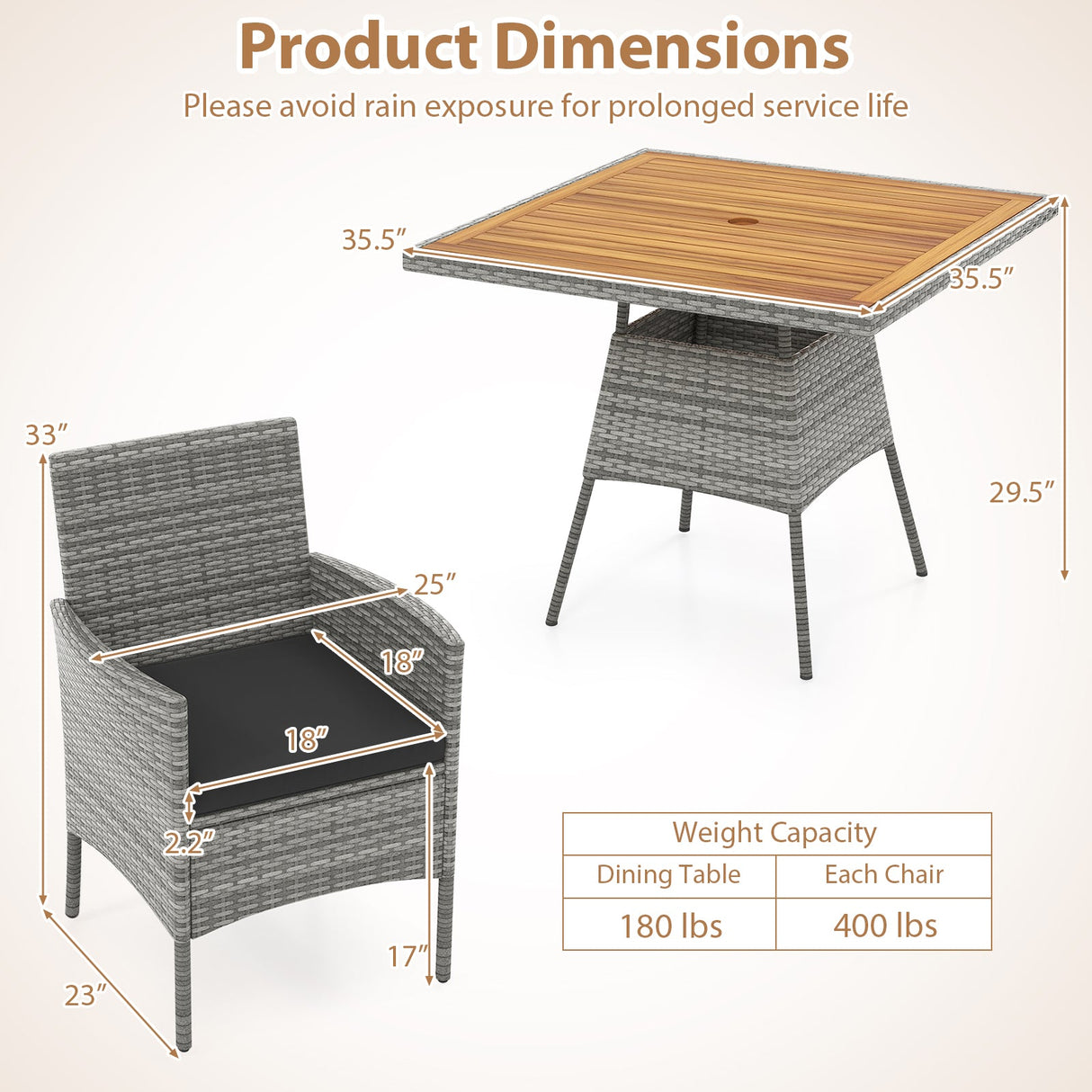 Juego de comedor de patio de mimbre PE de 5 piezas con mesa y sillas de madera de acacia para exteriores-Negro
