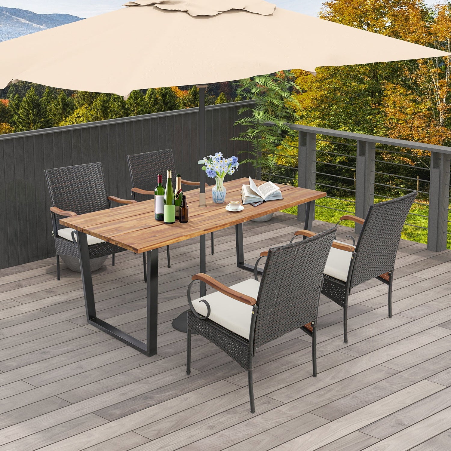 Juego de comedor de ratán para patio de 5 piezas con orificio para sombrilla para jardín junto a la piscina