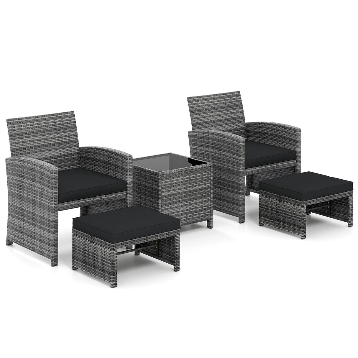Juego de muebles de patio de 5 piezas, sillas de jardín de mimbre PE con 2 otomanas