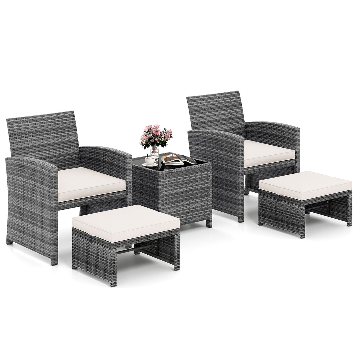 Juego de muebles de patio de 5 piezas, sillas de jardín de mimbre PE con 2 otomanas