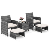 Juego de muebles de patio de 5 piezas, sillas de jardín de mimbre PE con 2 otomanas