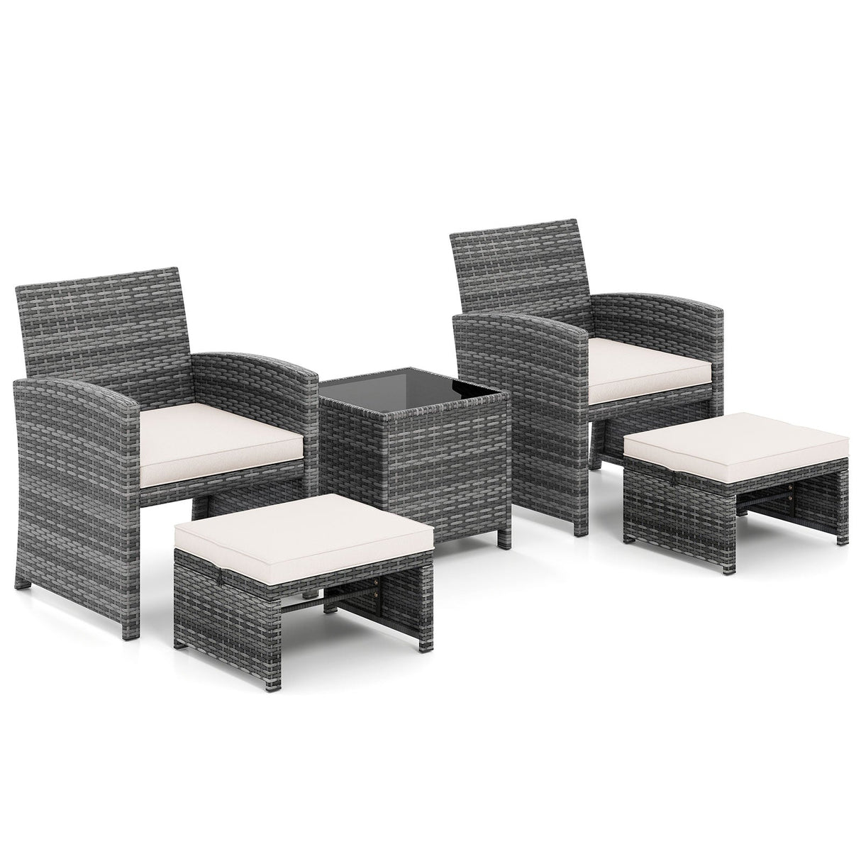 Juego de muebles de patio de 5 piezas, sillas de jardín de mimbre PE con 2 otomanas
