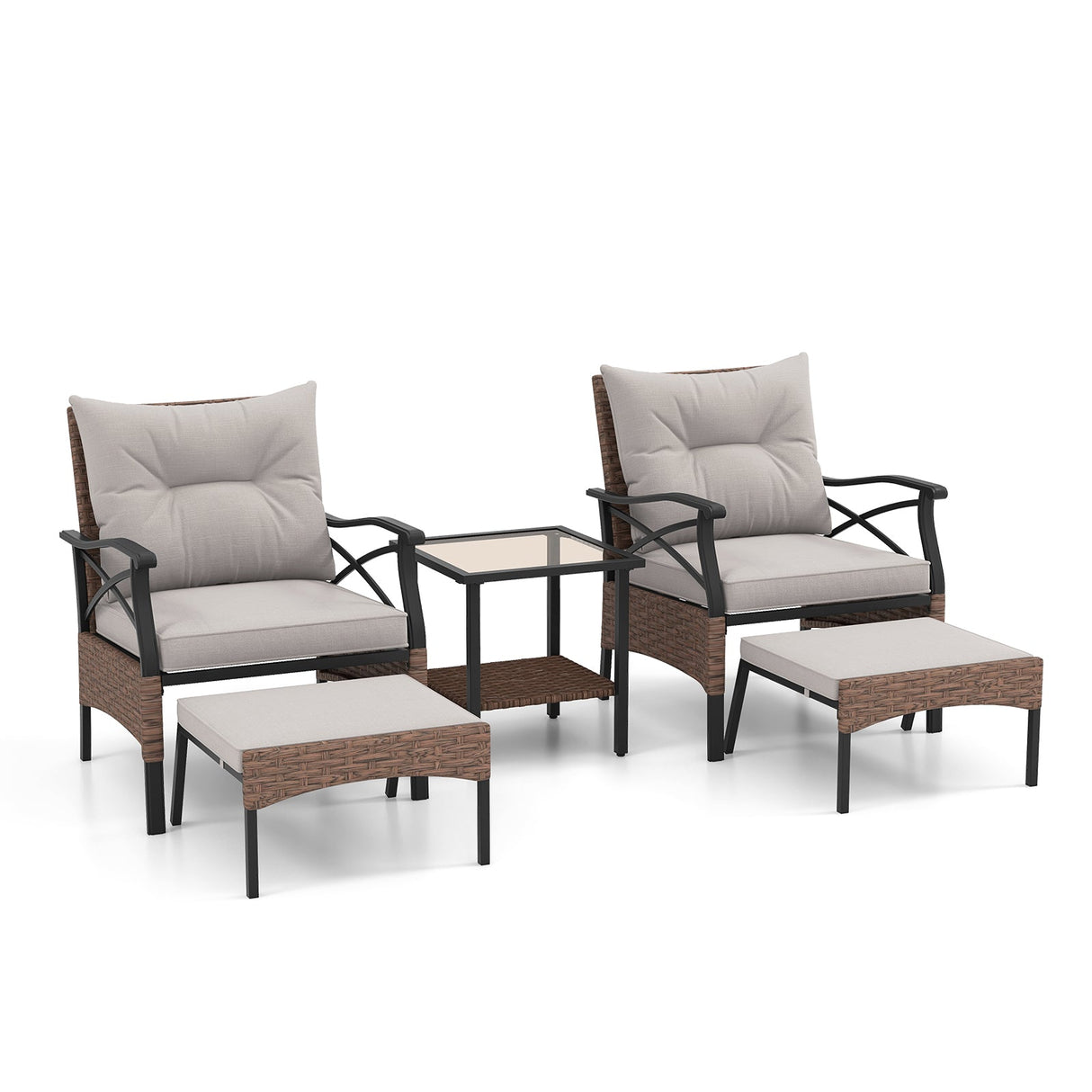Juego de muebles de patio de mimbre de 5 piezas con otomanas, cojines y mesa auxiliar de cristal templado de 2 niveles - Marrón