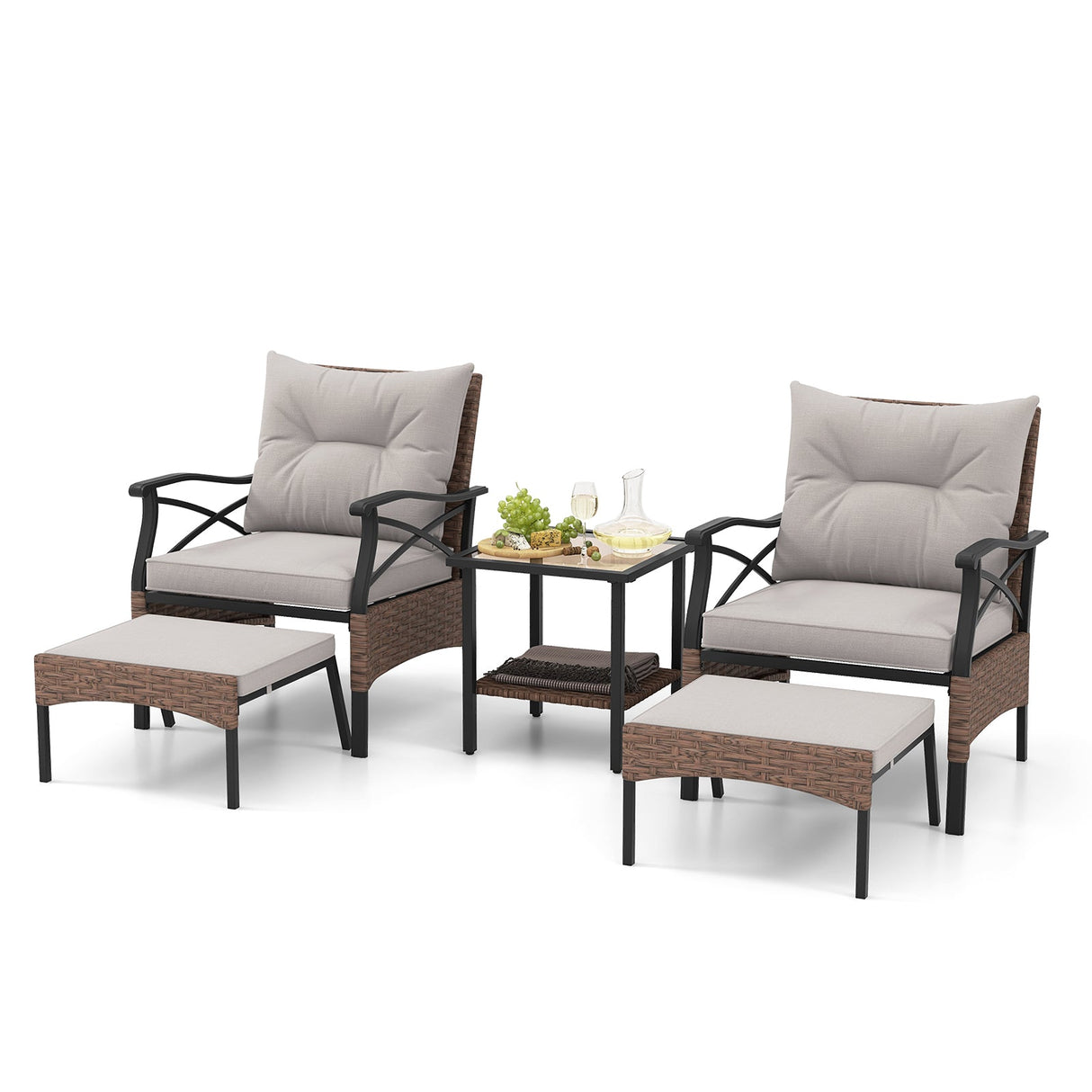 Juego de muebles de patio de mimbre de 5 piezas con otomanas, cojines y mesa auxiliar de cristal templado de 2 niveles - Marrón