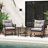 Juego de muebles de patio de mimbre de 5 piezas con otomanas, cojines y mesa auxiliar de cristal templado de 2 niveles - Marrón