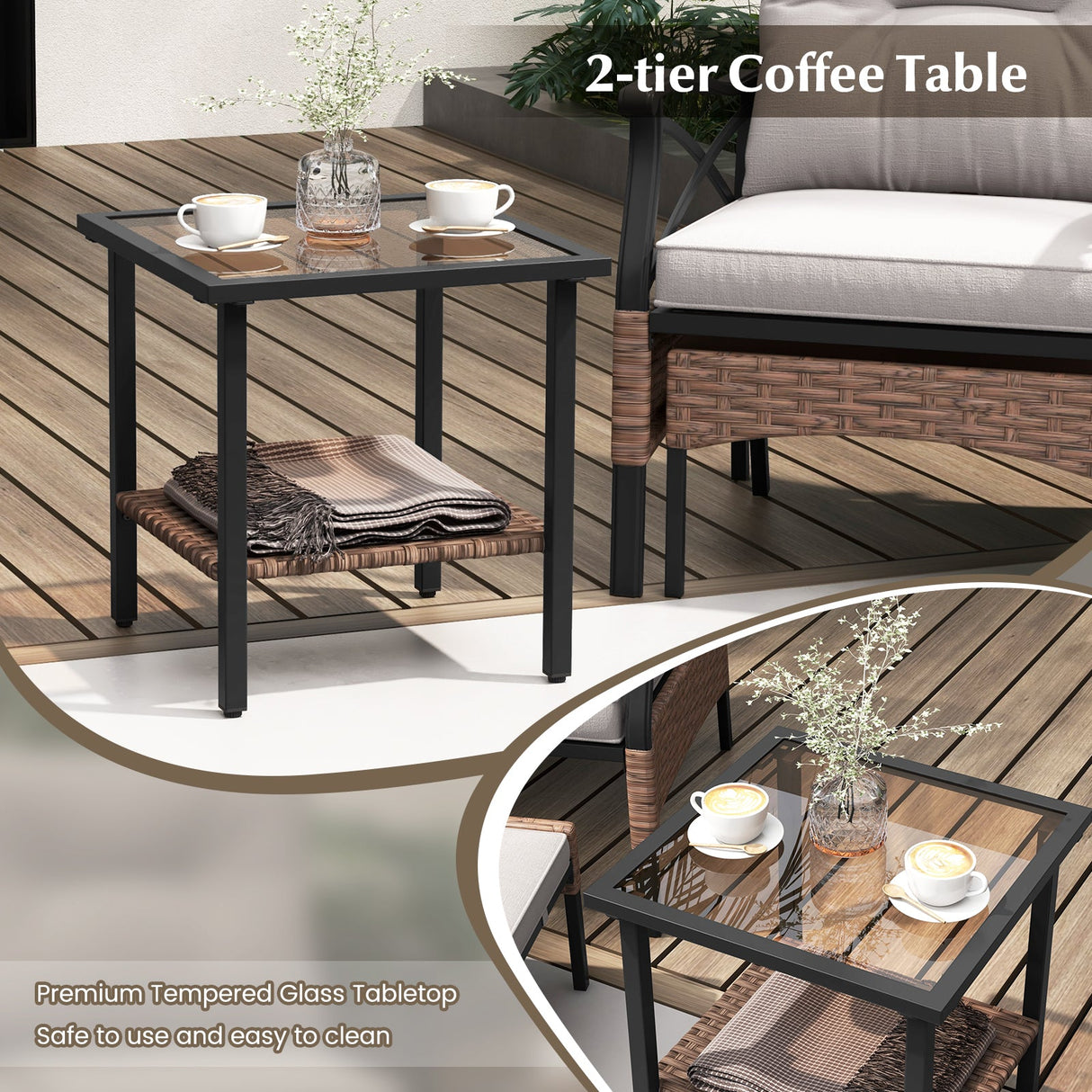 Juego de muebles de patio de mimbre de 5 piezas con otomanas, cojines y mesa auxiliar de cristal templado de 2 niveles - Marrón