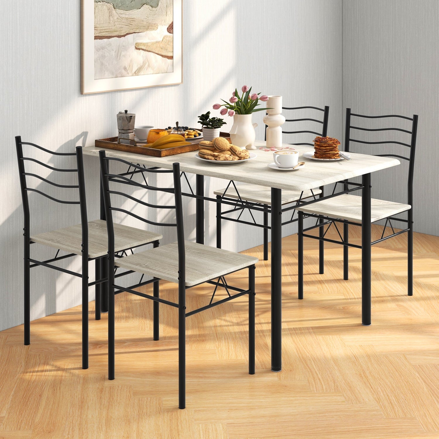 Juego de comedor de 5 piezas de madera y metal con 4 sillas