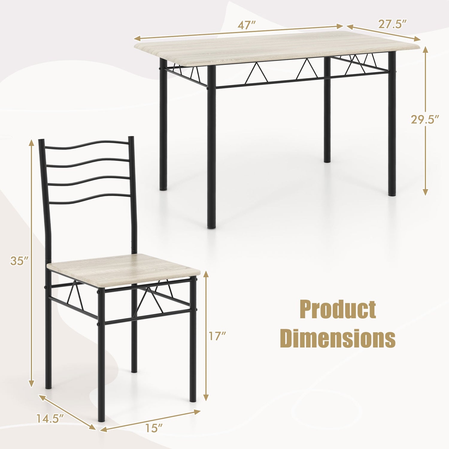 Juego de comedor de 5 piezas de madera y metal con 4 sillas