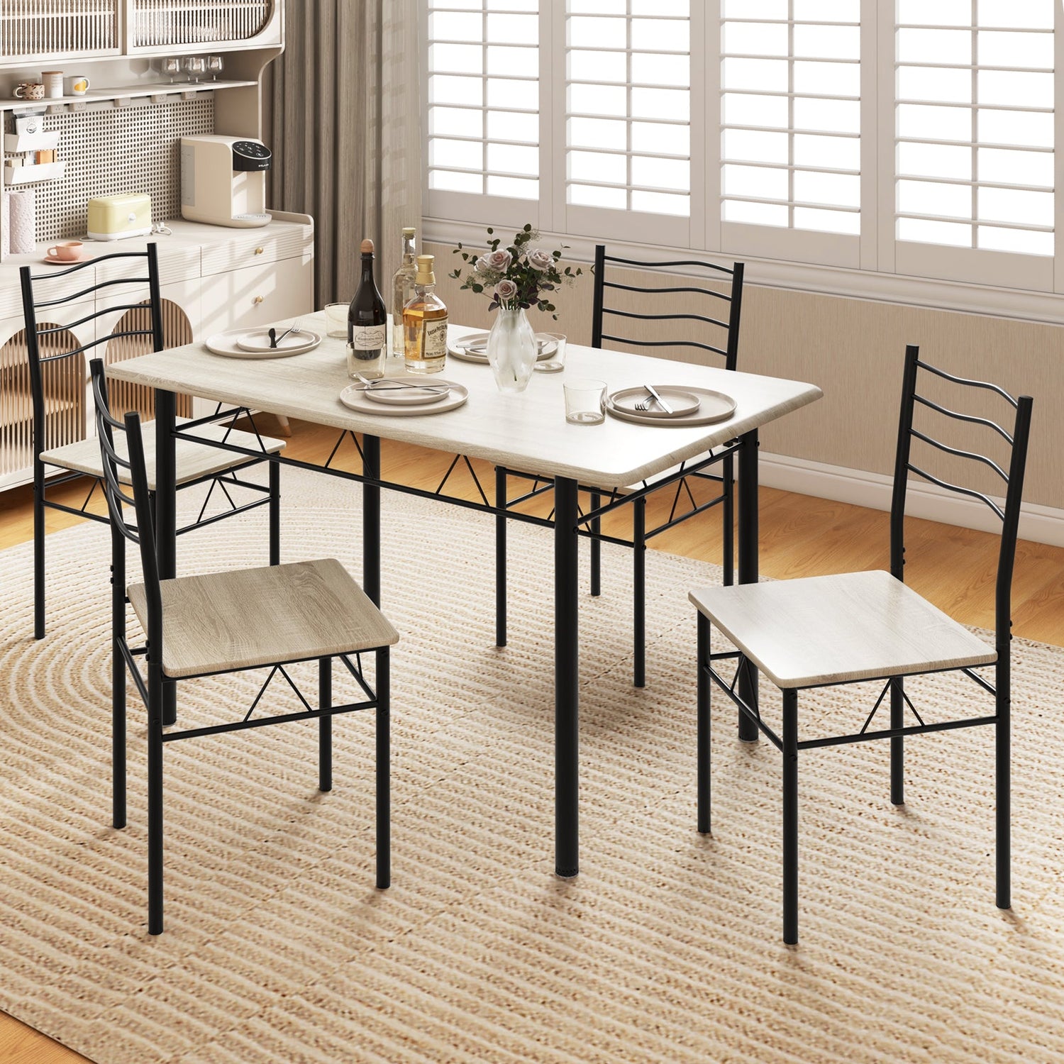 Juego de comedor de 5 piezas de madera y metal con 4 sillas