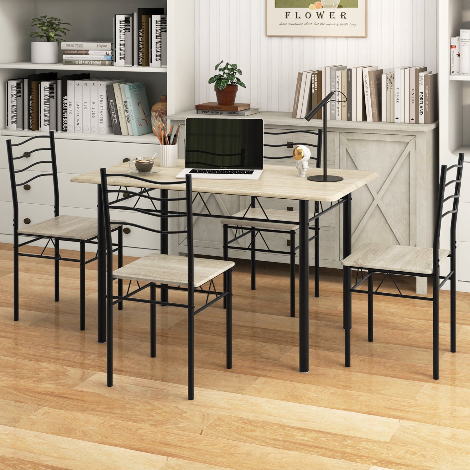 Juego de comedor de 5 piezas de madera y metal con 4 sillas