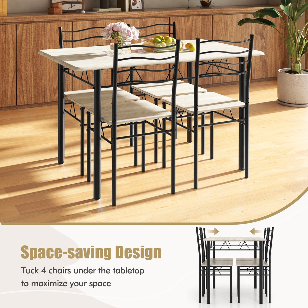 Juego de comedor de 5 piezas de madera y metal con 4 sillas