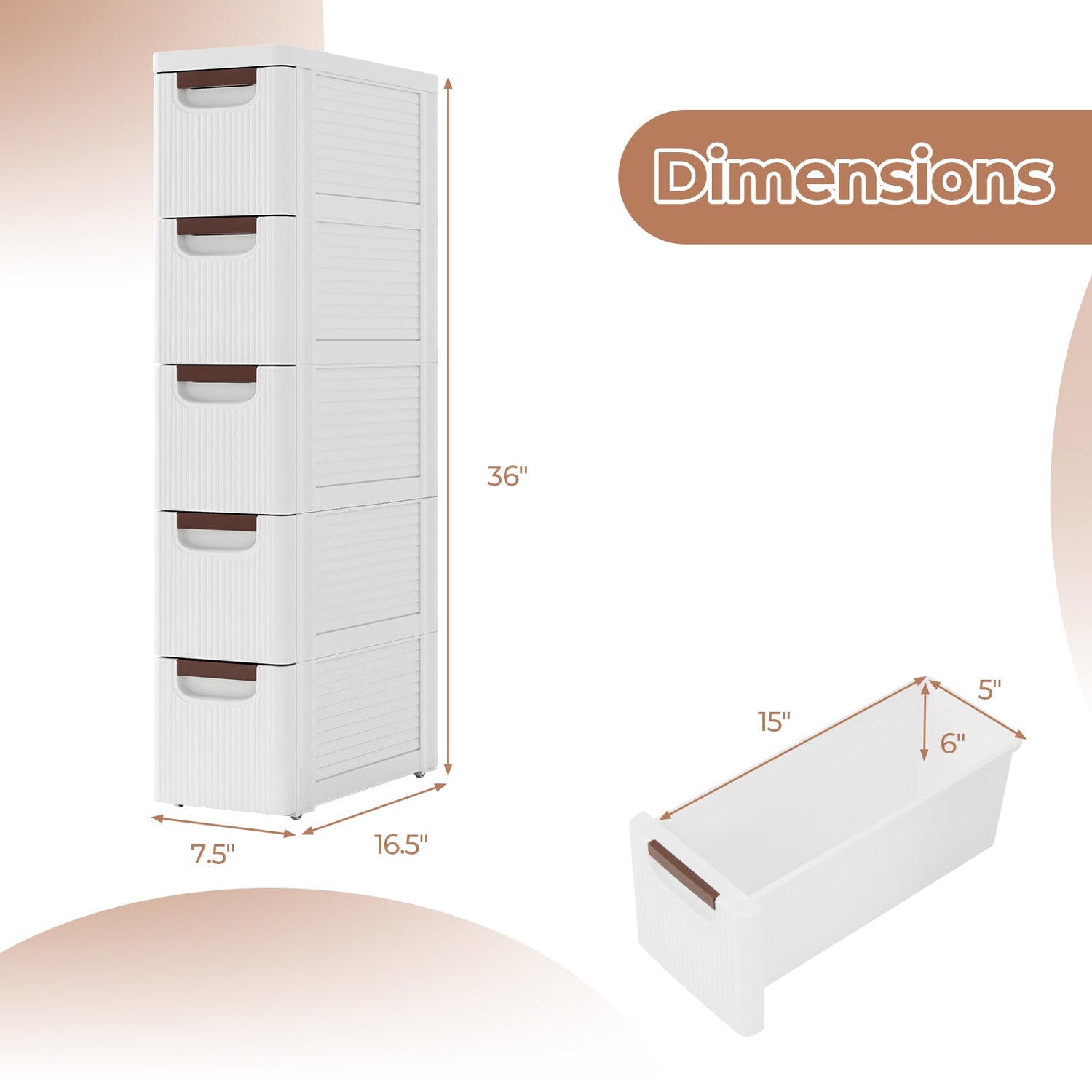 Unidad organizadora rodante de 3/4/5/6 cajones Gabinete de almacenamiento estrecho con ruedas incorporadas para espacios pequeños - 5 cajones