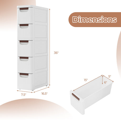 Unidad organizadora rodante de 3/4/5/6 cajones Gabinete de almacenamiento estrecho con ruedas incorporadas para espacios pequeños - 5 cajones