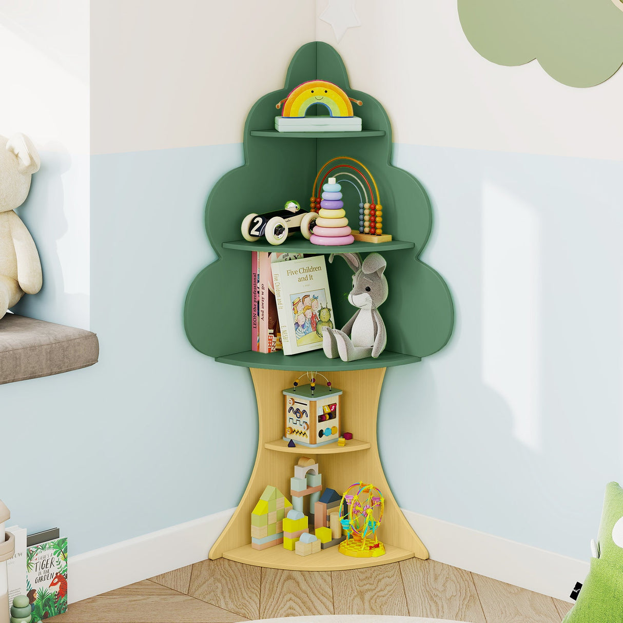 Estantería de 5 niveles para libros infantiles con sistema antivuelco - Verde