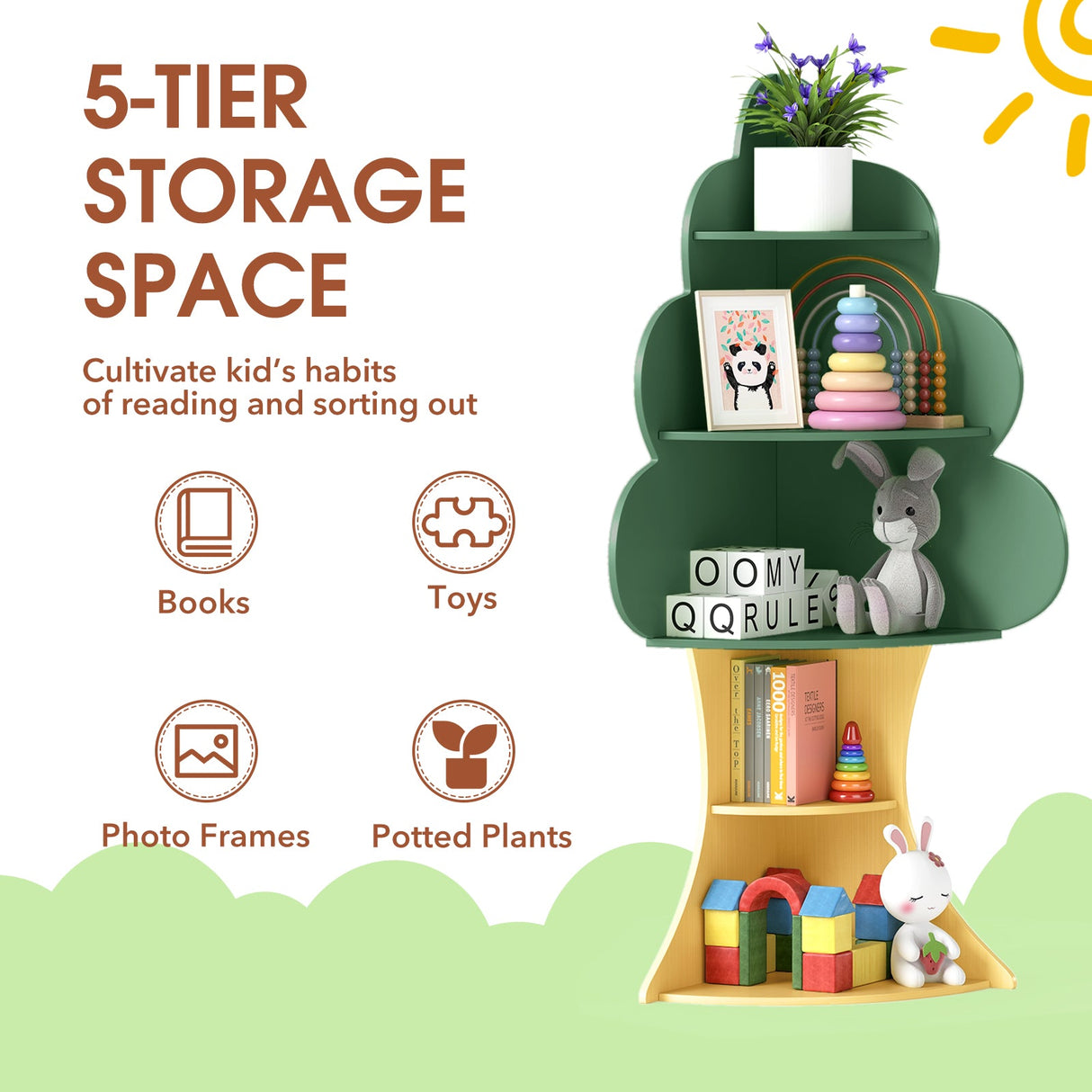 Estantería de 5 niveles para libros infantiles con sistema antivuelco - Verde