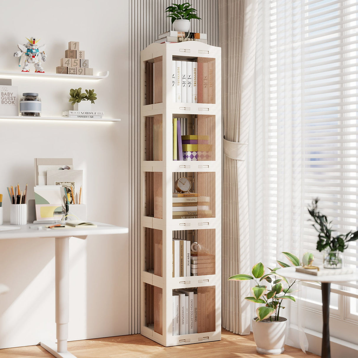 Estantería giratoria plegable de 5 niveles con base giratoria de 360° - Blanca