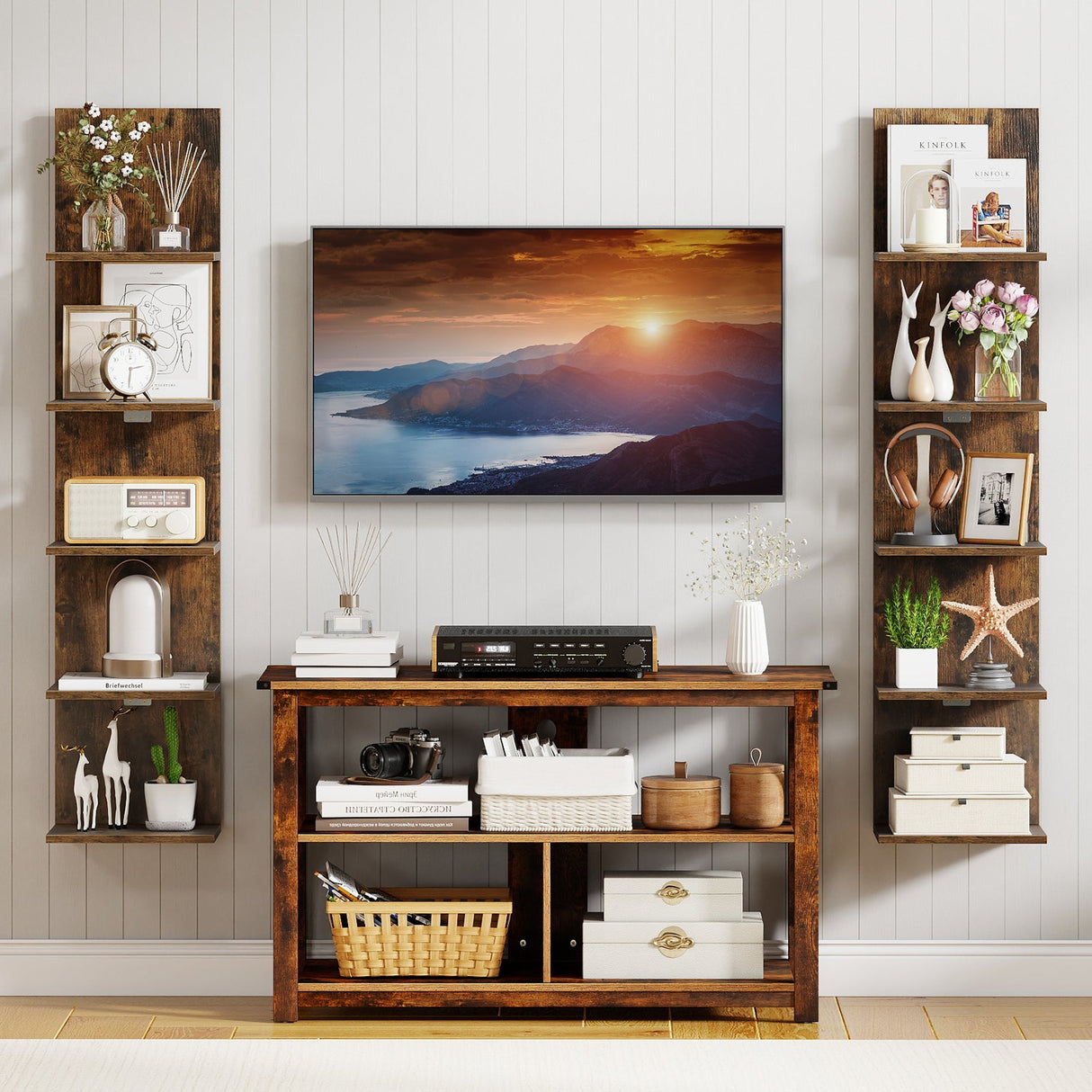 Estantería de pared de 5 niveles con vetas de madera