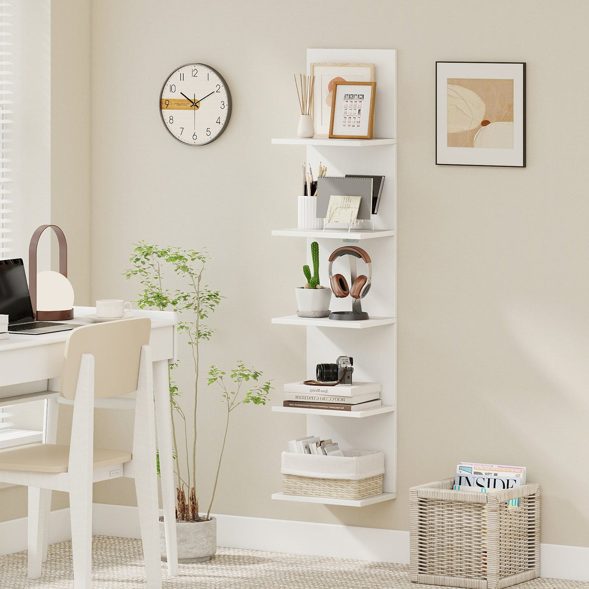 Estantería de pared de 5 niveles con vetas de madera