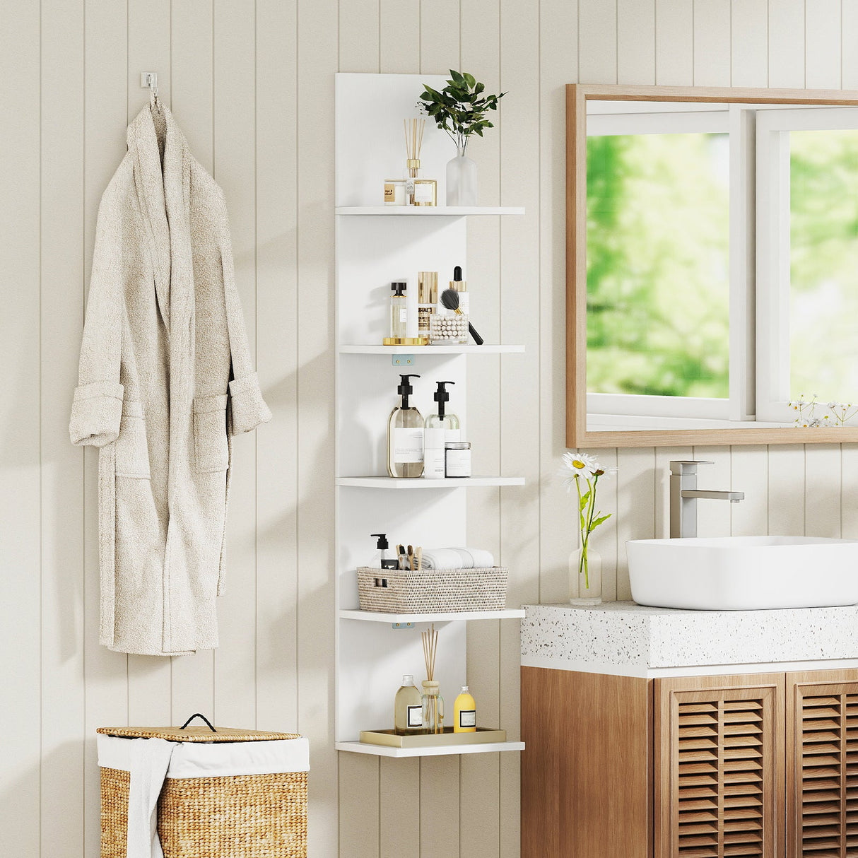 Estantería de pared de 5 niveles con vetas de madera