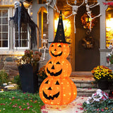 Decoración de Halloween de 5 pies de calabazas apiladas iluminadas con sombrero de bruja