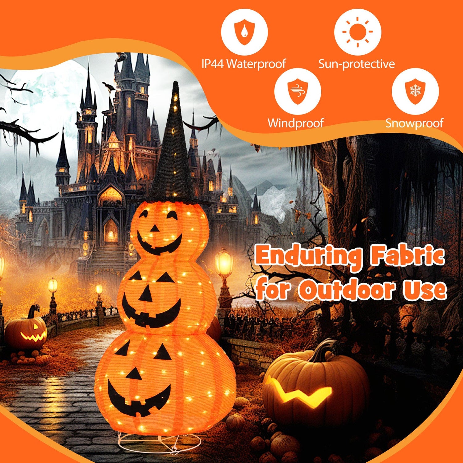 Decoración de Halloween de 5 pies de calabazas apiladas iluminadas con sombrero de bruja