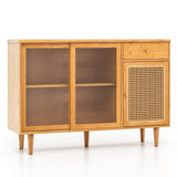 Juego completo de comedor 5 en 1: mesa extensible, 4 sillas, chimenea eléctrica, mueble multimedia y aparador de bambú