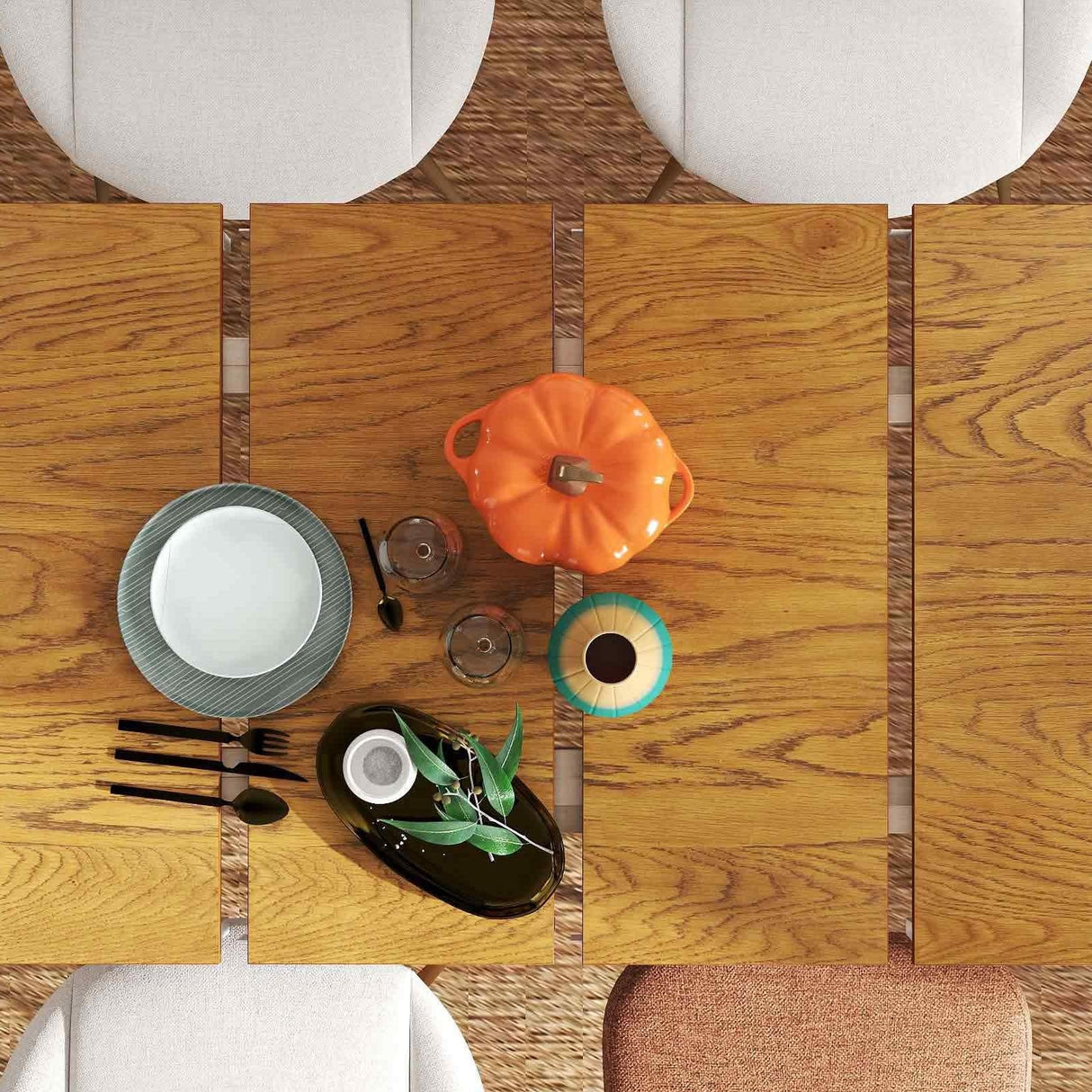 Juego completo de comedor 5 en 1: mesa extensible, 4 sillas, chimenea eléctrica, mueble multimedia y aparador de bambú