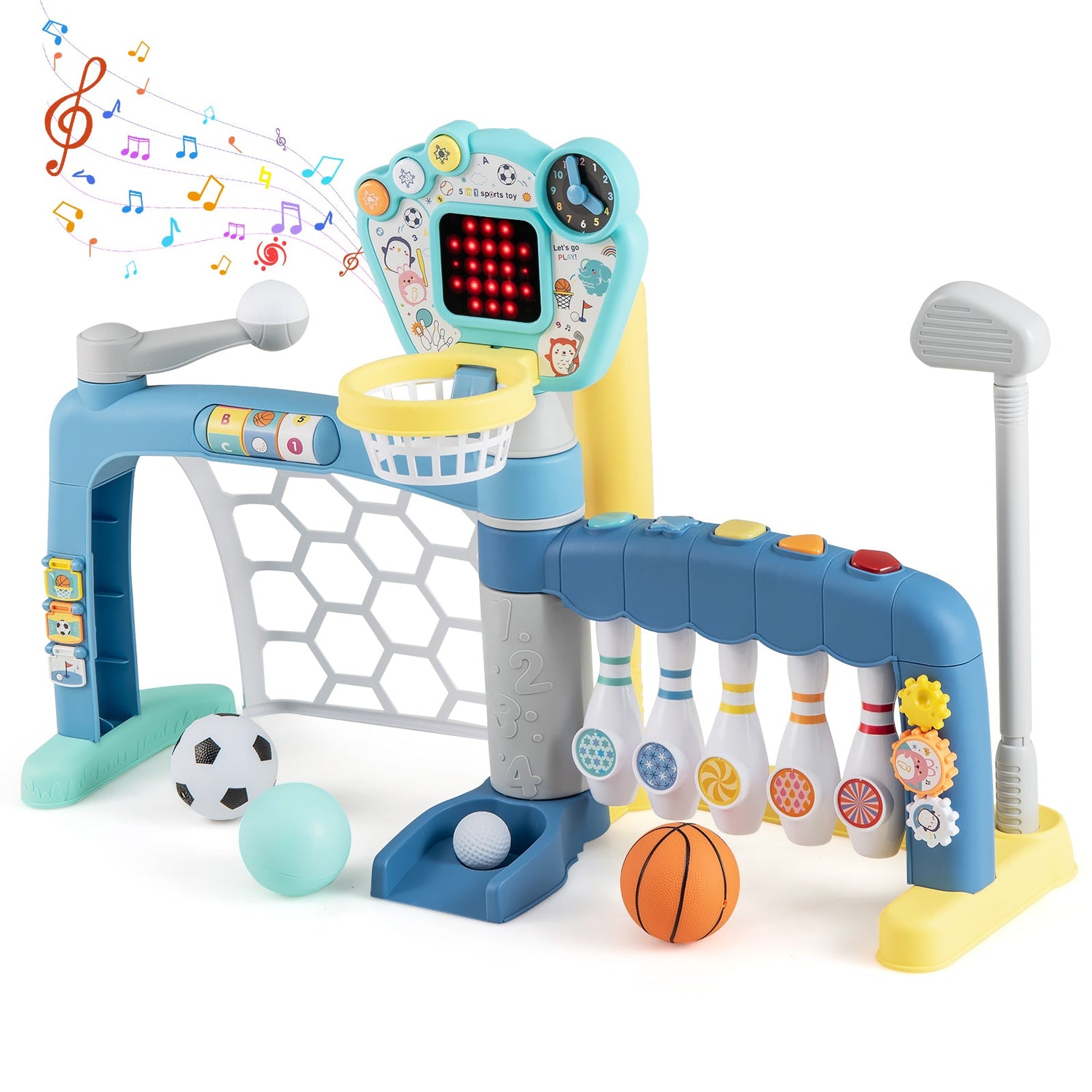 Juguete deportivo 5 en 1 para niños pequeños con canasta de baloncesto ajustable para bebés y niñas de 18 meses en adelante