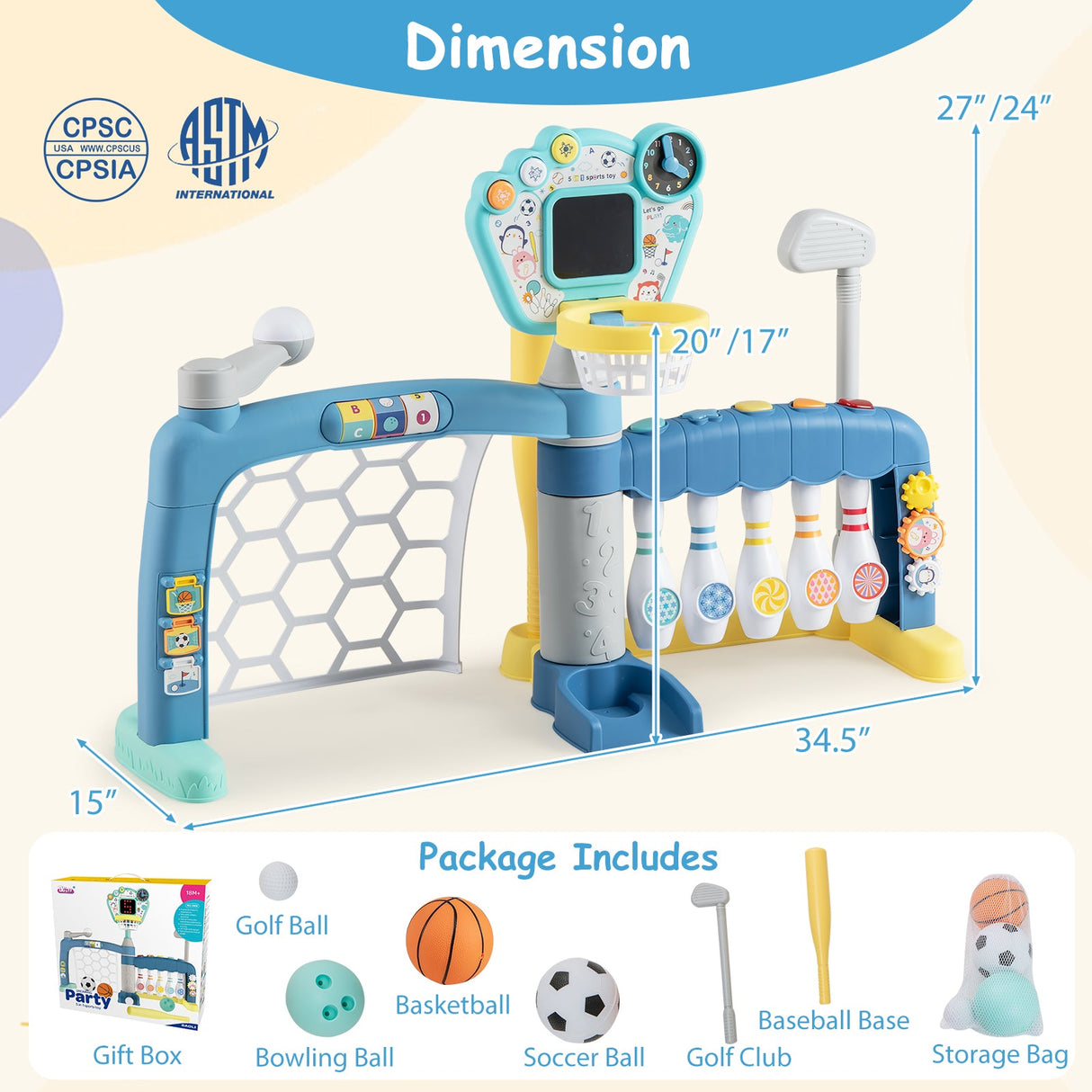 Juguete deportivo 5 en 1 para niños pequeños con canasta de baloncesto ajustable para bebés y niñas de 18 meses en adelante