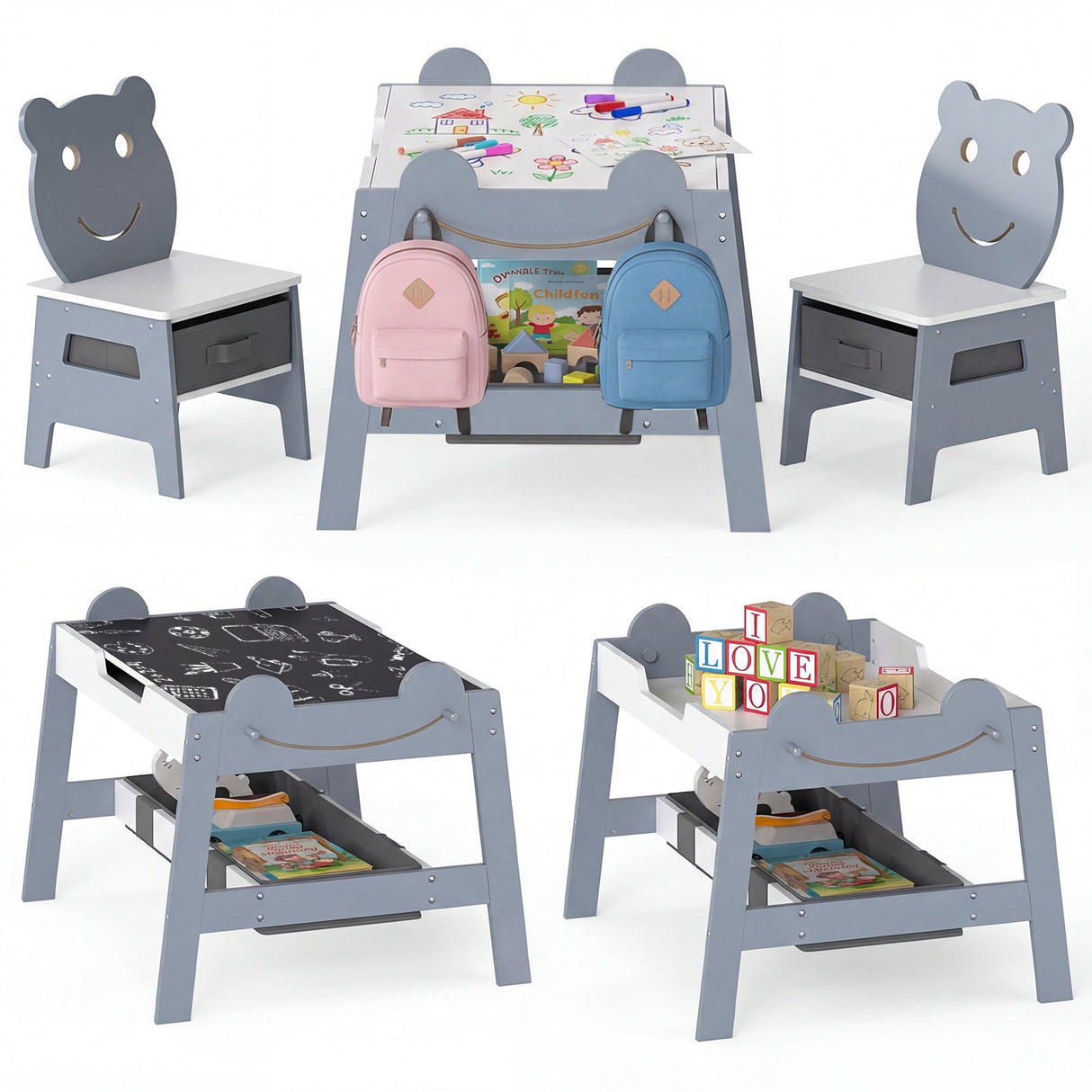 Mesa y 2 sillas 5 en 1 para niños pequeños, bonito juego de escritorio de arte con pizarra reversible de tiza y rotulador