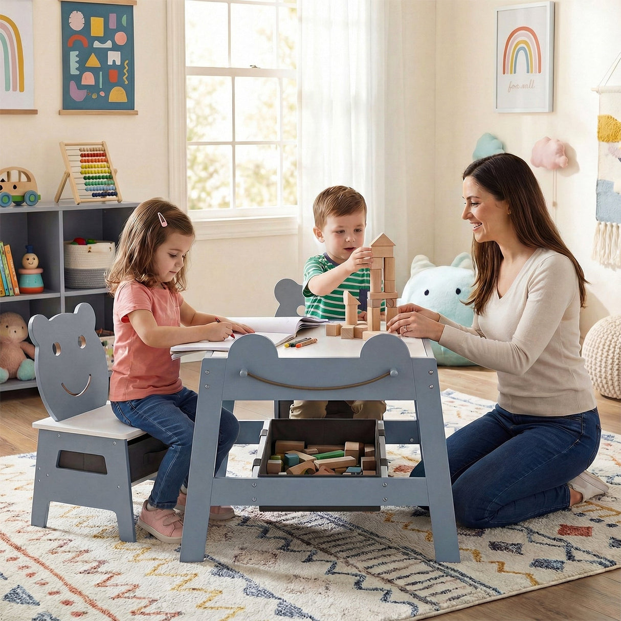 Mesa y 2 sillas 5 en 1 para niños pequeños, bonito juego de escritorio de arte con pizarra reversible de tiza y rotulador