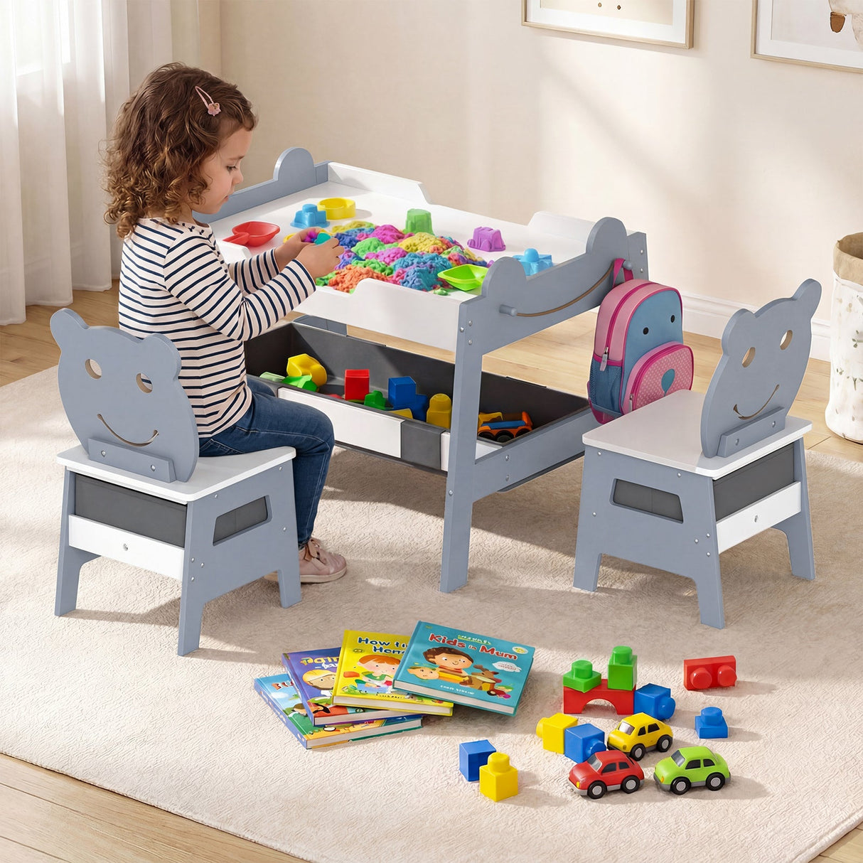 Mesa y 2 sillas 5 en 1 para niños pequeños, bonito juego de escritorio de arte con pizarra reversible de tiza y rotulador
