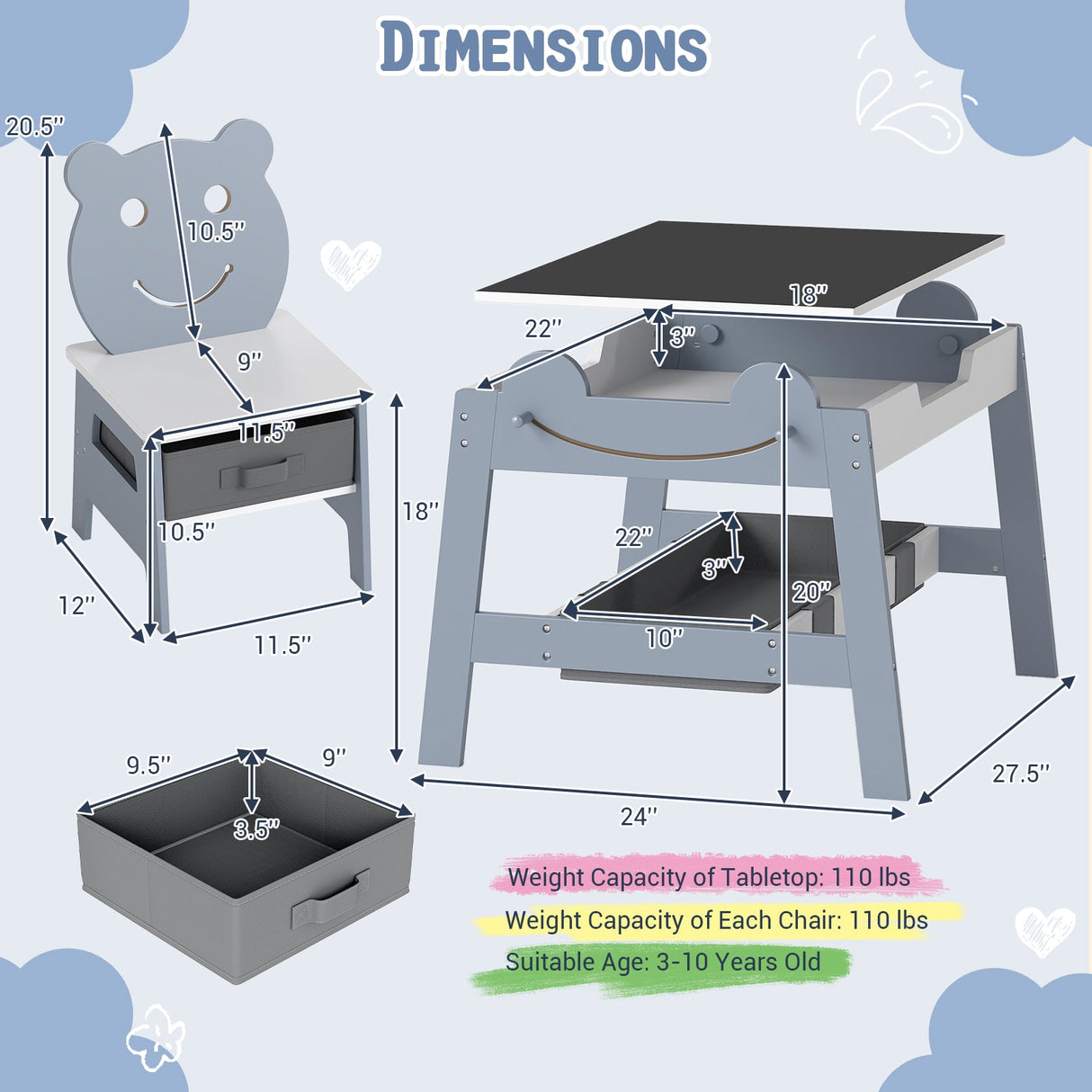 Mesa y 2 sillas 5 en 1 para niños pequeños, bonito juego de escritorio de arte con pizarra reversible de tiza y rotulador