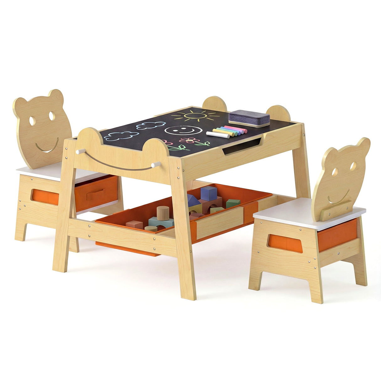 Mesa y 2 sillas 5 en 1 para niños pequeños, bonito juego de escritorio de arte con pizarra reversible de tiza y rotulador