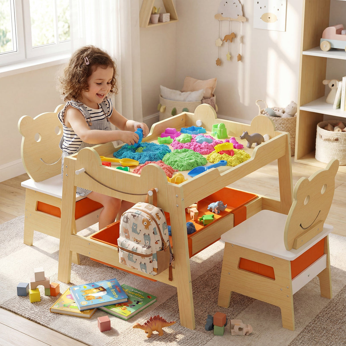Mesa y 2 sillas 5 en 1 para niños pequeños, bonito juego de escritorio de arte con pizarra reversible de tiza y rotulador