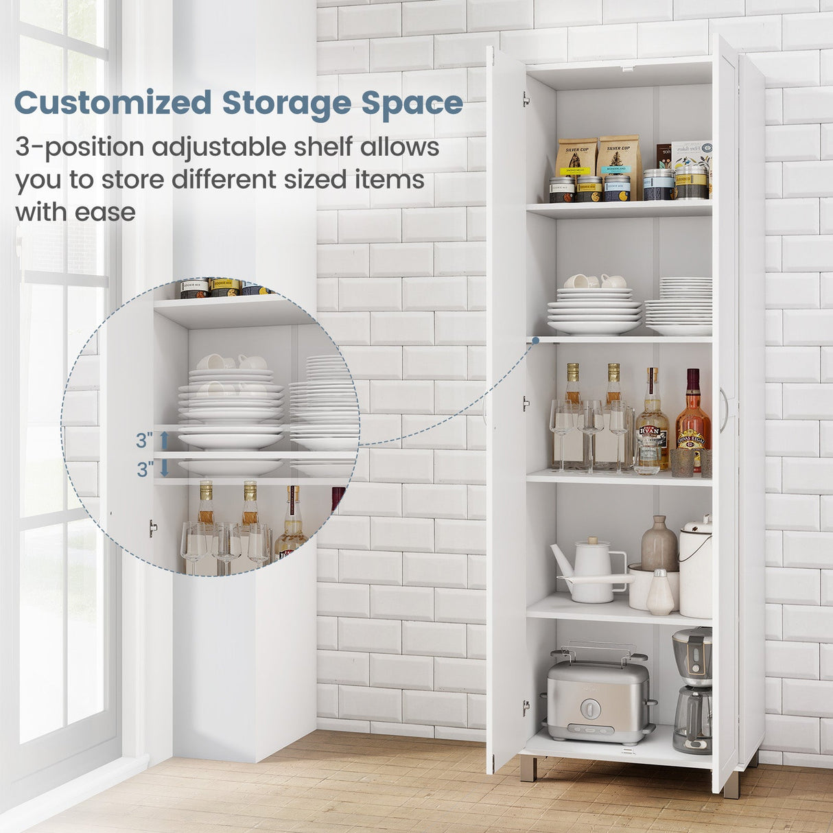 73.5 Inch Freestanding Double Door Tall Versatile Storage Organizer-White