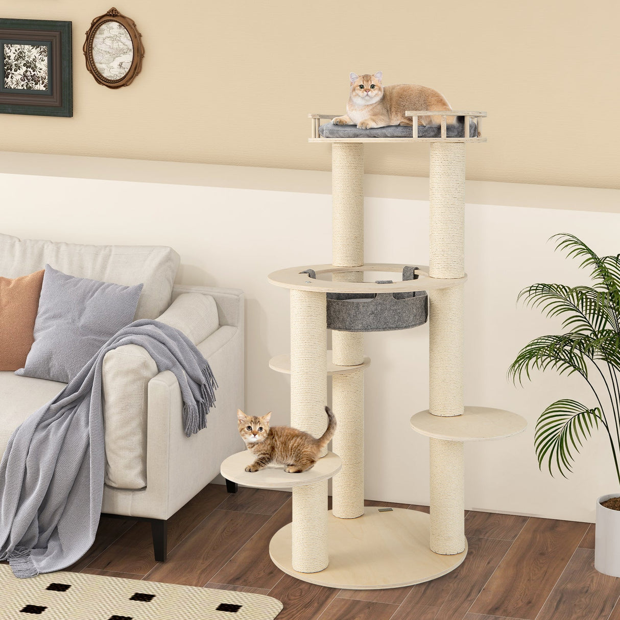 Árbol rascador de madera para gatos de 5 niveles con percha acolchada y hamaca de tela no tejida - Gris