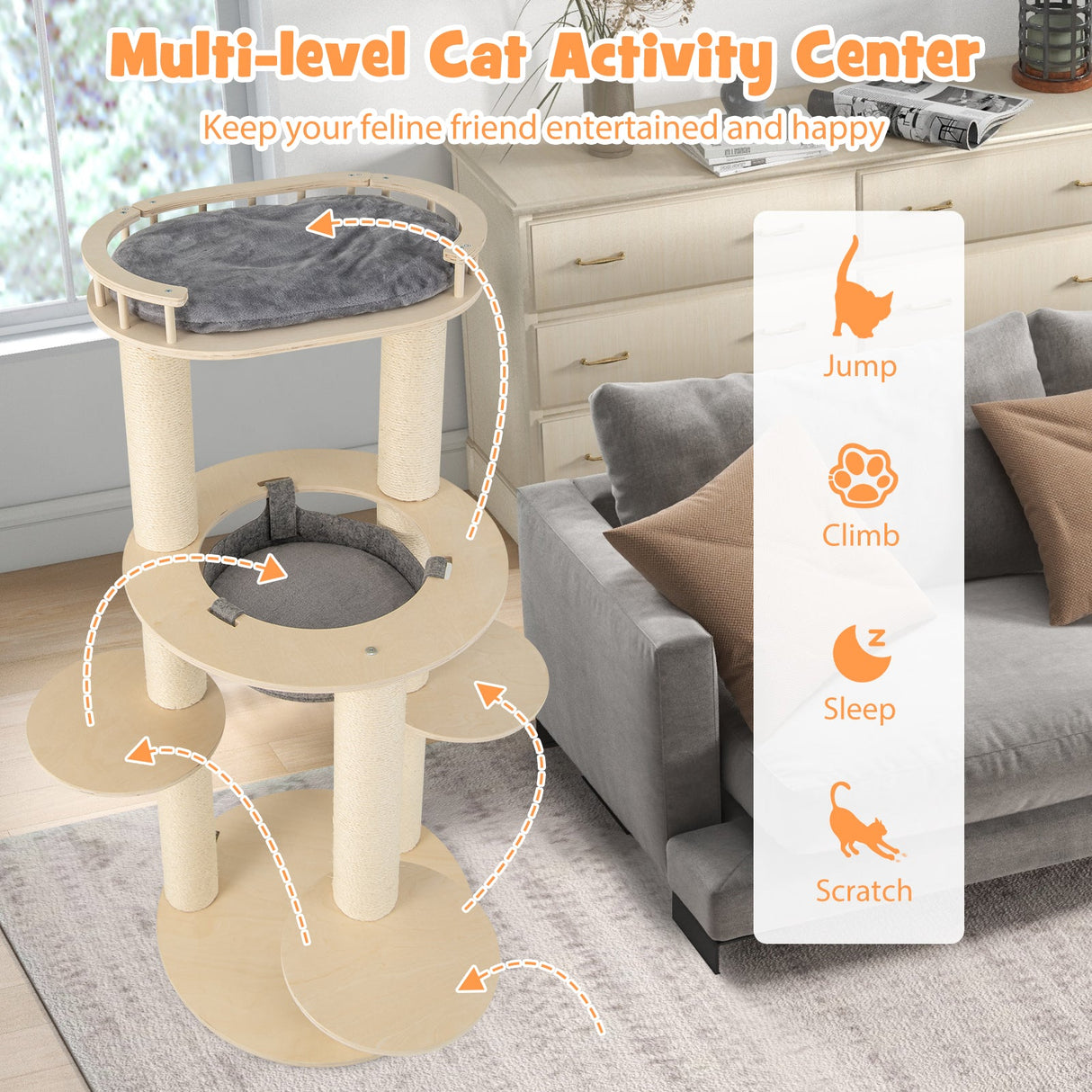 Árbol rascador de madera para gatos de 5 niveles con percha acolchada y hamaca de tela no tejida - Gris