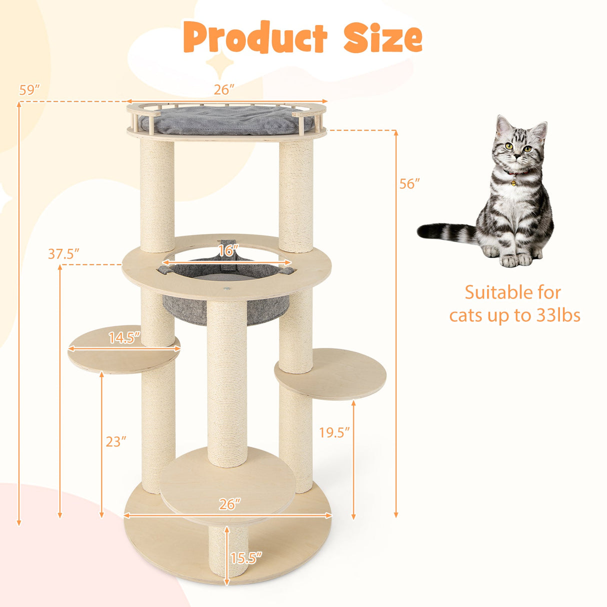 Árbol rascador de madera para gatos de 5 niveles con percha acolchada y hamaca de tela no tejida - Gris