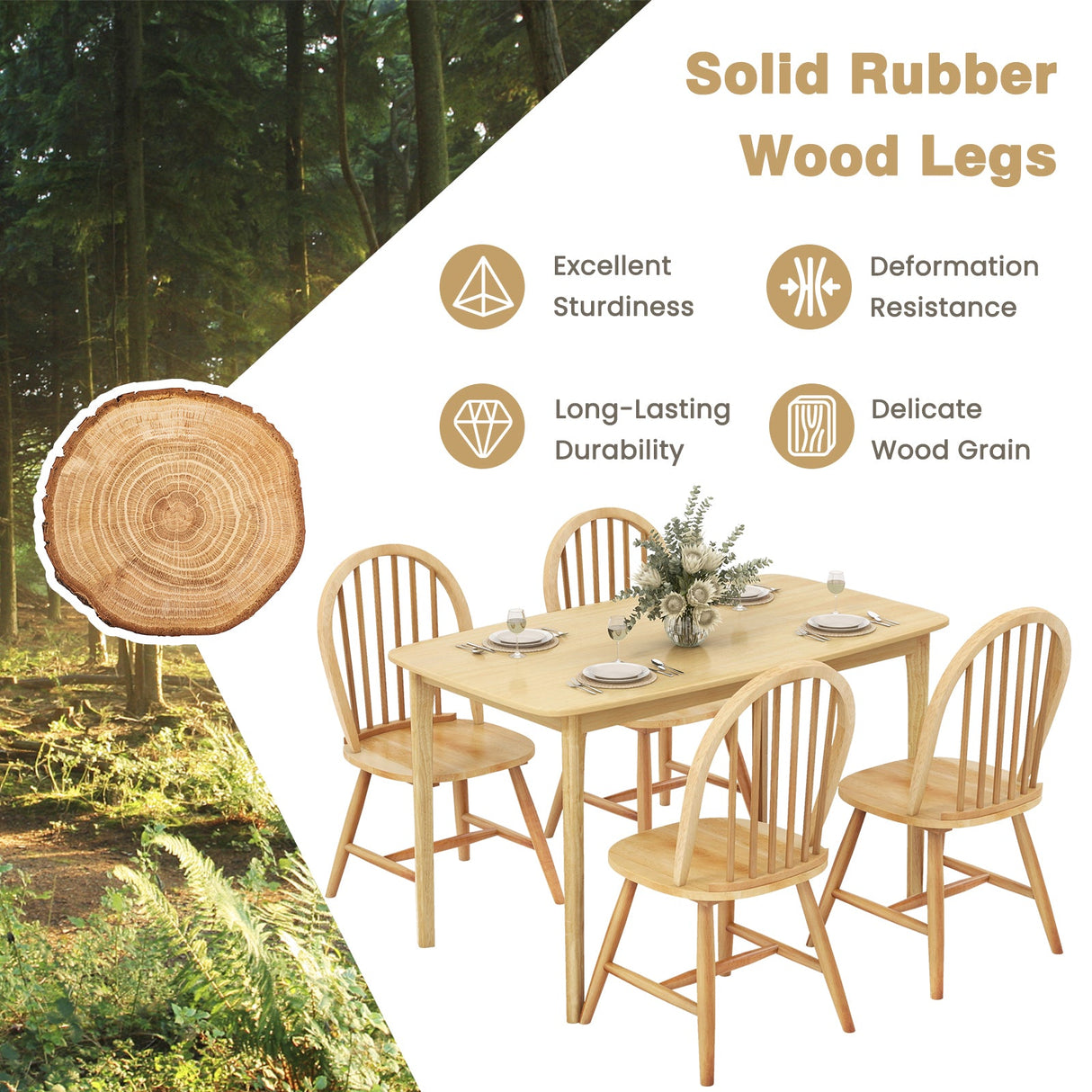 Juego de mesa de comedor de madera de 5 piezas con 4 sillas Windsor